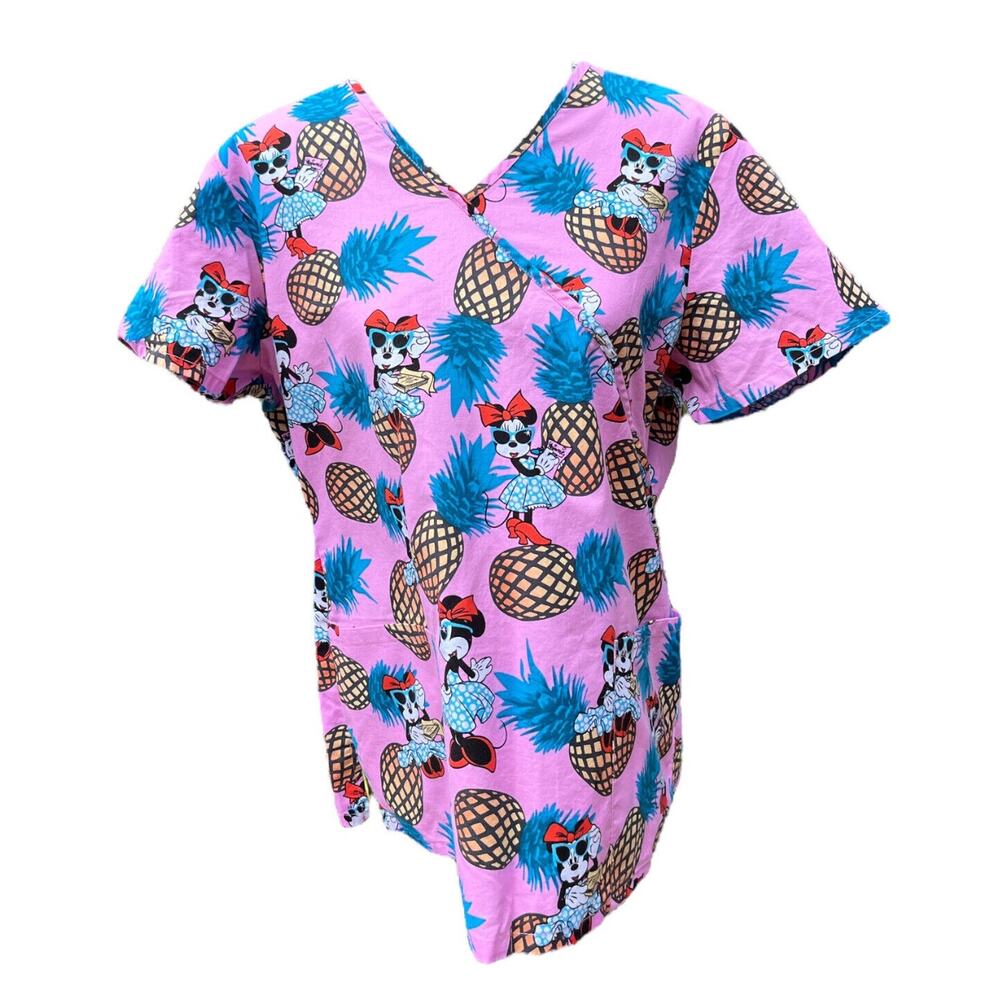 Disney Scrubs Shirt Top Minnie Mouse Sz Large Pockets Pink Sunglasses Pineapple
